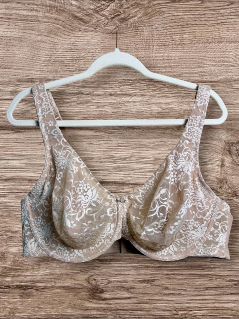 Cacique 44DD sheer tan lace bra.
